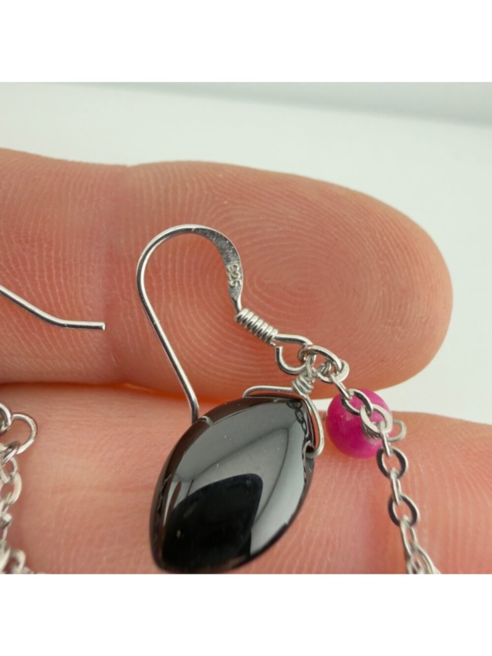 Sterling Silver Long Beaded Dangle Earrings Black Pink 2.5" - Picture 6 of 10